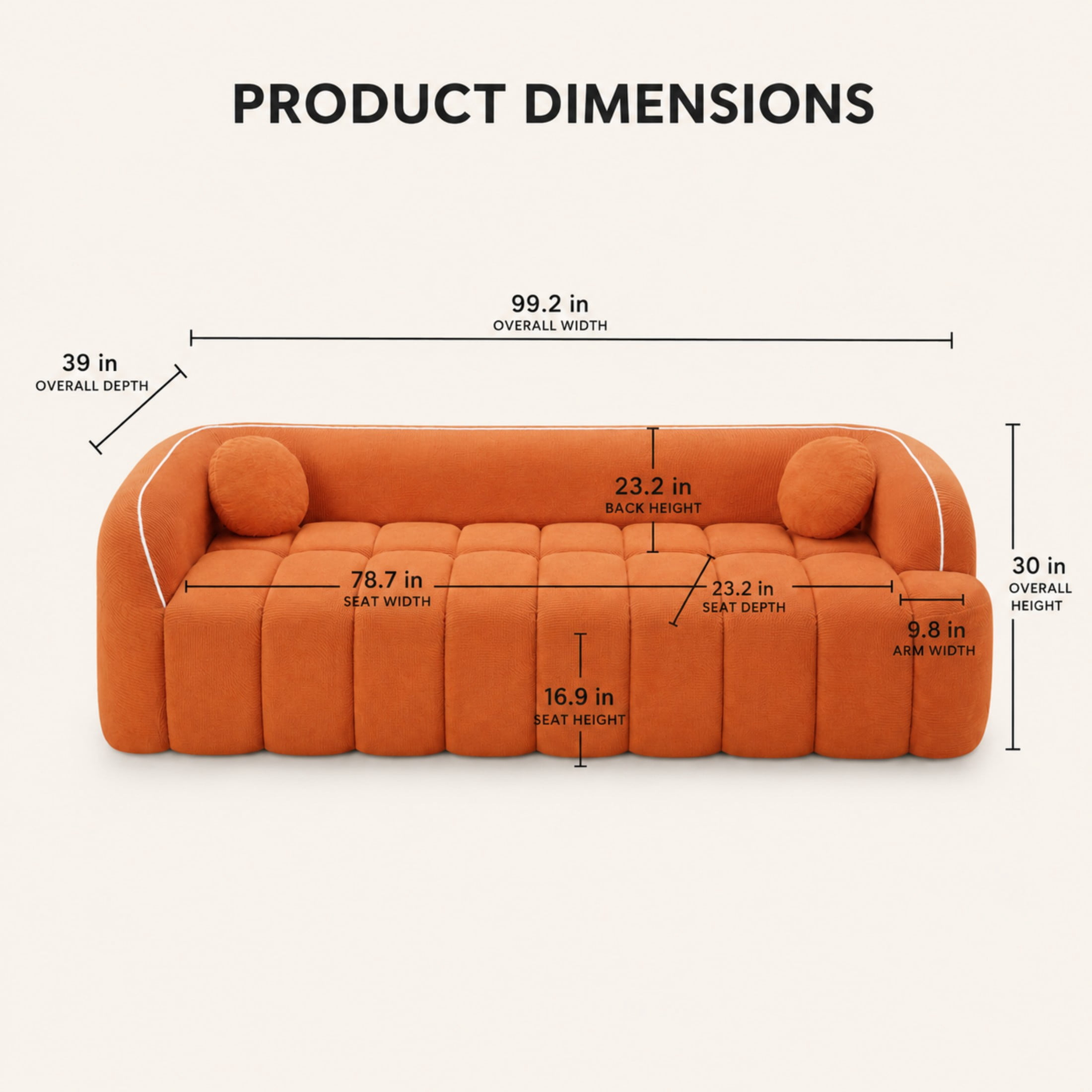 Aenkyo 99 Inch Corduroy Cloud Sofa Couch with Round Pillows, No Assembly, Orange