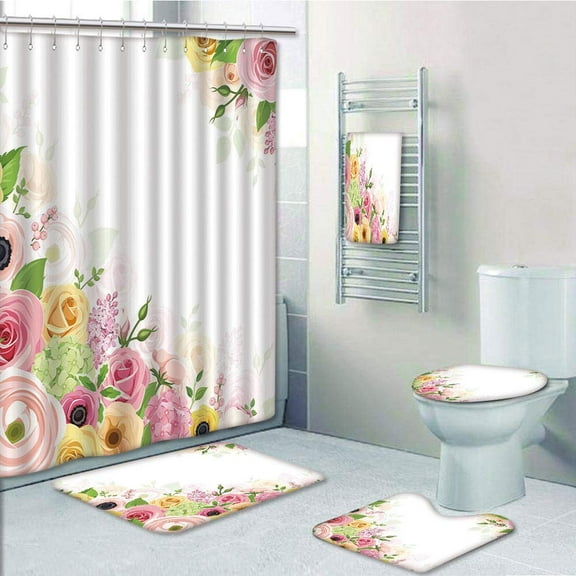 PRTAU Anemone Flower Roses Ranunculus Hydrangea Flowers Leaves Frame 5 Piece Bathroom Set Shower Curtain Bath Towel Bath Rug Contour Mat and Toilet Lid Cover