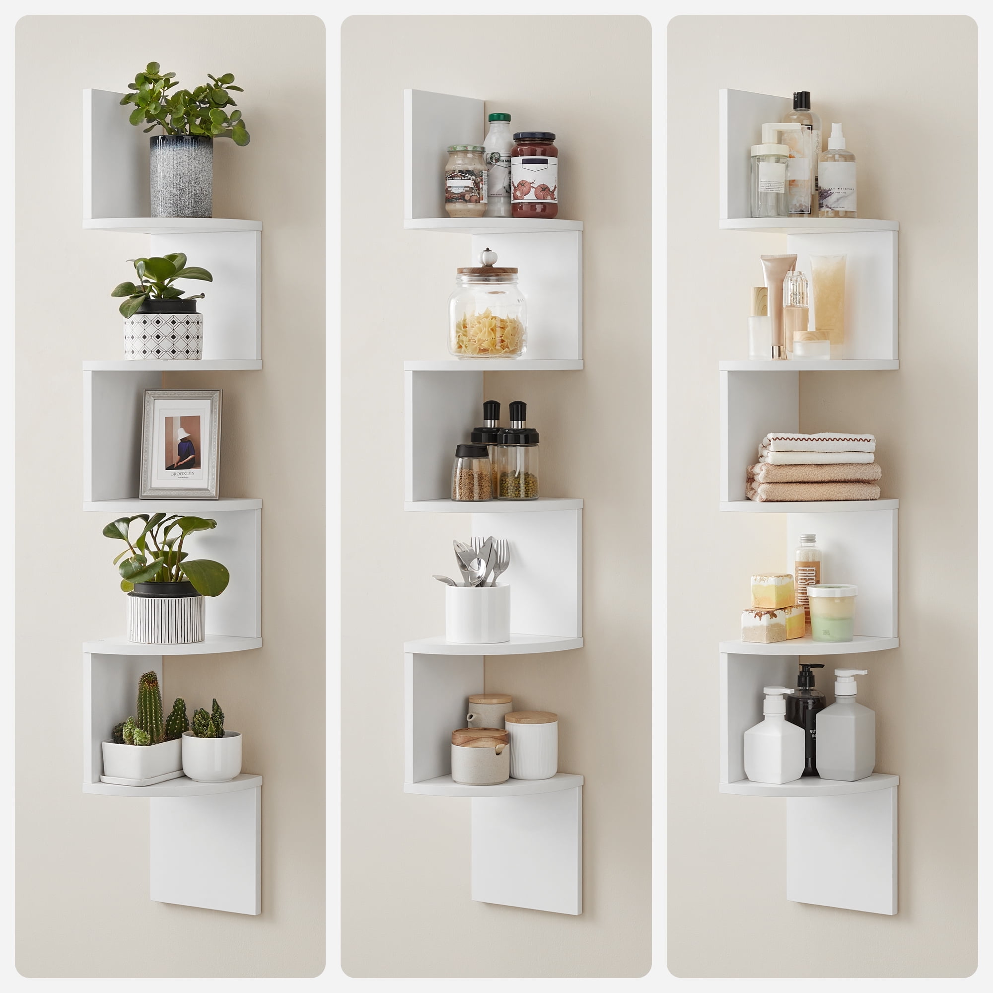 Corner Shelf Wall Mount 5-Tier Floating Corner Bookshelf Plant Shelf for Bedroom Living Room Bathroom Home Office White