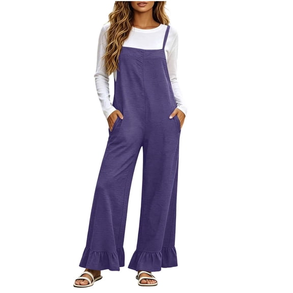 Hurxie Women Casual Loose Long Bib Pants Wide Leg Jumpsuits Baggy Cotton Rompers Overalls with Pockets Purple,S