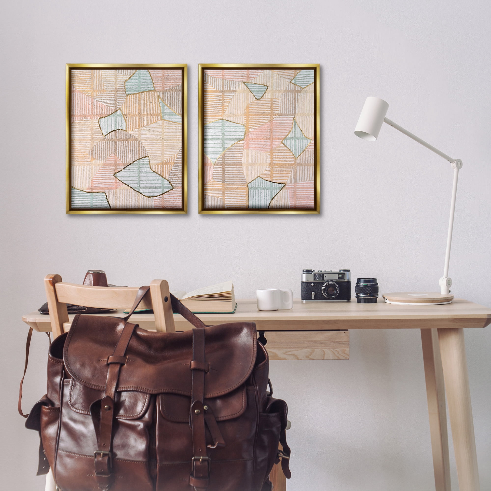 Stupell Industries Shapes on Stripes Pattern Abstract Painting Gold Floater Framed Canvas Art Print Wall Art, 17 x 21, Set of 2