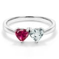 thumbnail image 3 of Gem Stone King 925 Sterling Silver Red Created Ruby and Sky Blue Aquamarine Heart Shape Women Ring (1.02 Cttw, Gemstone Birthstone, Size 6), 3 of 6
