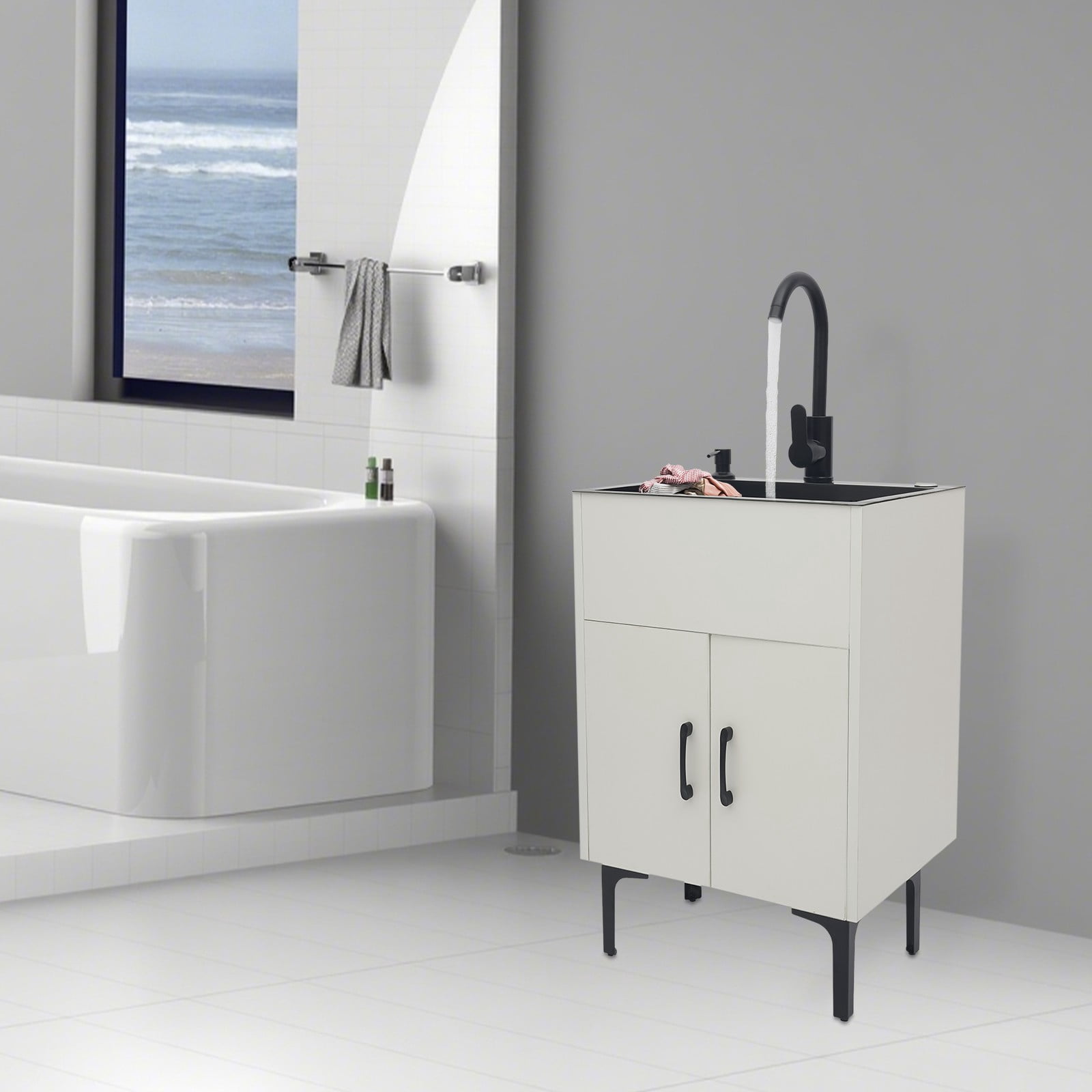 Freestanding Bathroom Sink Cabinet, 201 Stainless Steel, Solid Wood Construction, Nano Coating, Welding, Polishing Process, Perfect for Hotels, Restaurants, and Kindergartens