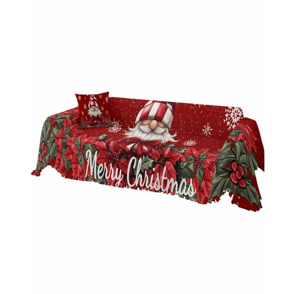 Red Gnomes Christmas Sofa Covers for 3 Cushion, Washable Couch Cover for Sectional Sofa Slipcovers with Tassel, Snowflake Xmas Poinsettia Loveseat Covers Futon Cover Blanket 71''x118''