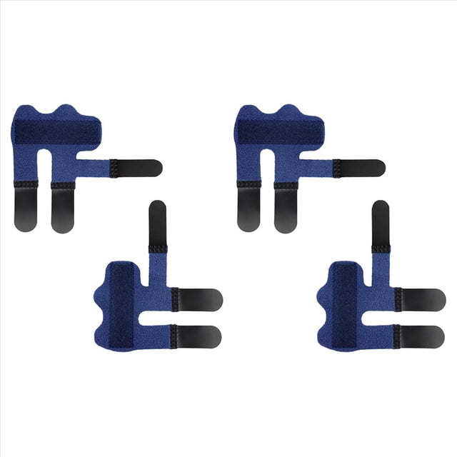 4 piezas de férulas para dedos, férulas para dedos en gatillo, abrazadera para dedos para protección de dedos rotos, alivio, enderezamiento de dedos; pack azul con tiras ajustables y almohadillas negras, tira de aluminio incorporada para mantener el dedo recto, tamaño aprox. 11.5 x 12.5 x 8 cm, apto para dedos índice, medio y anular; fotografiado sobre fondo blanco. También suele usarse para inmovilizar dedos durante actividades manuales leves.