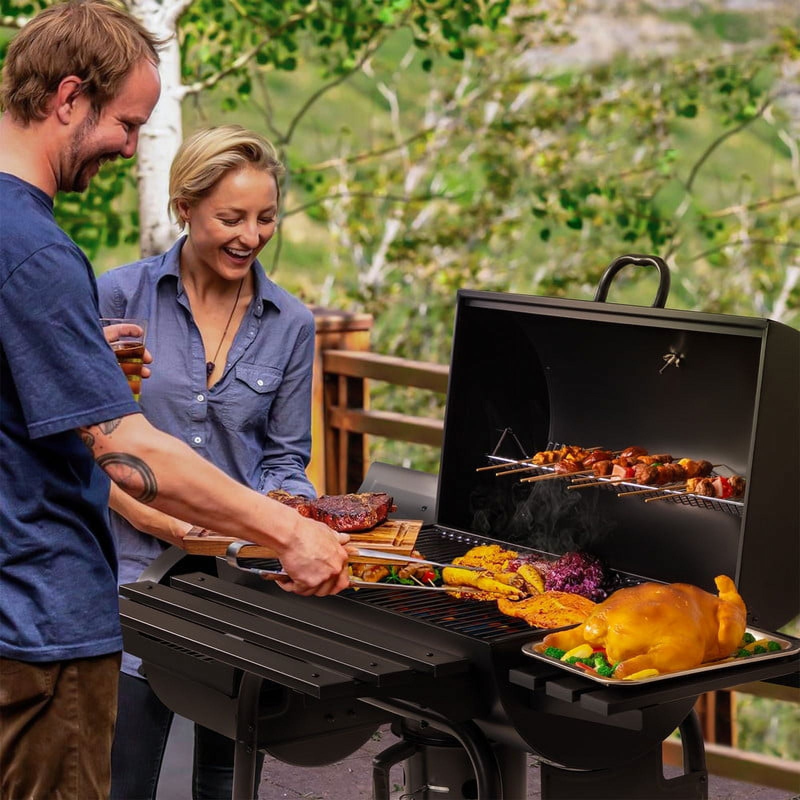 Devoko Charcoal Grill with Offset Smoker Portable Stainless Steel Grill with Cover Versatile Outdoor Camping BBQ and Barrel Smoker for Patio, Backyard & Camping