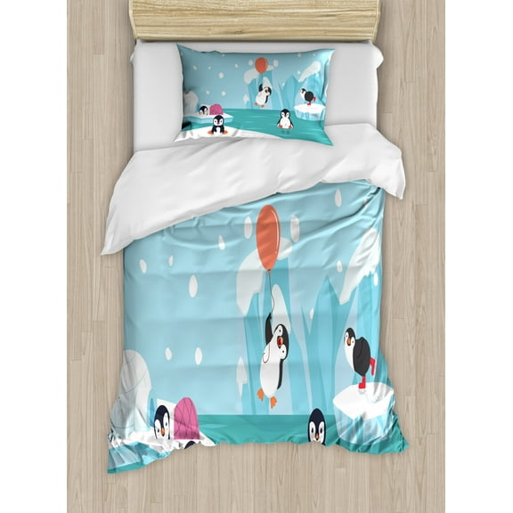 North Pole Duvet Cover Set Twin Size, Lovely Penguins on Ice Glaciers Cute Funny Animal Characters Print, 2 Piece Bedding Set with 1 Pillow Sham, Pale Sky Blue Multicolor, by Ambesonne