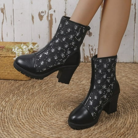 

XDDST Womens Booties and Ankle Boots Ankle-High High Heel Heel Stitching Short Barrel Round Toe Rear Zipper Fashionable Ladies Boots Black