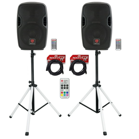 (2) Rockville BPA8 8" Powered 300w DJ PA Speakers wBluetooth LED Stands Cables