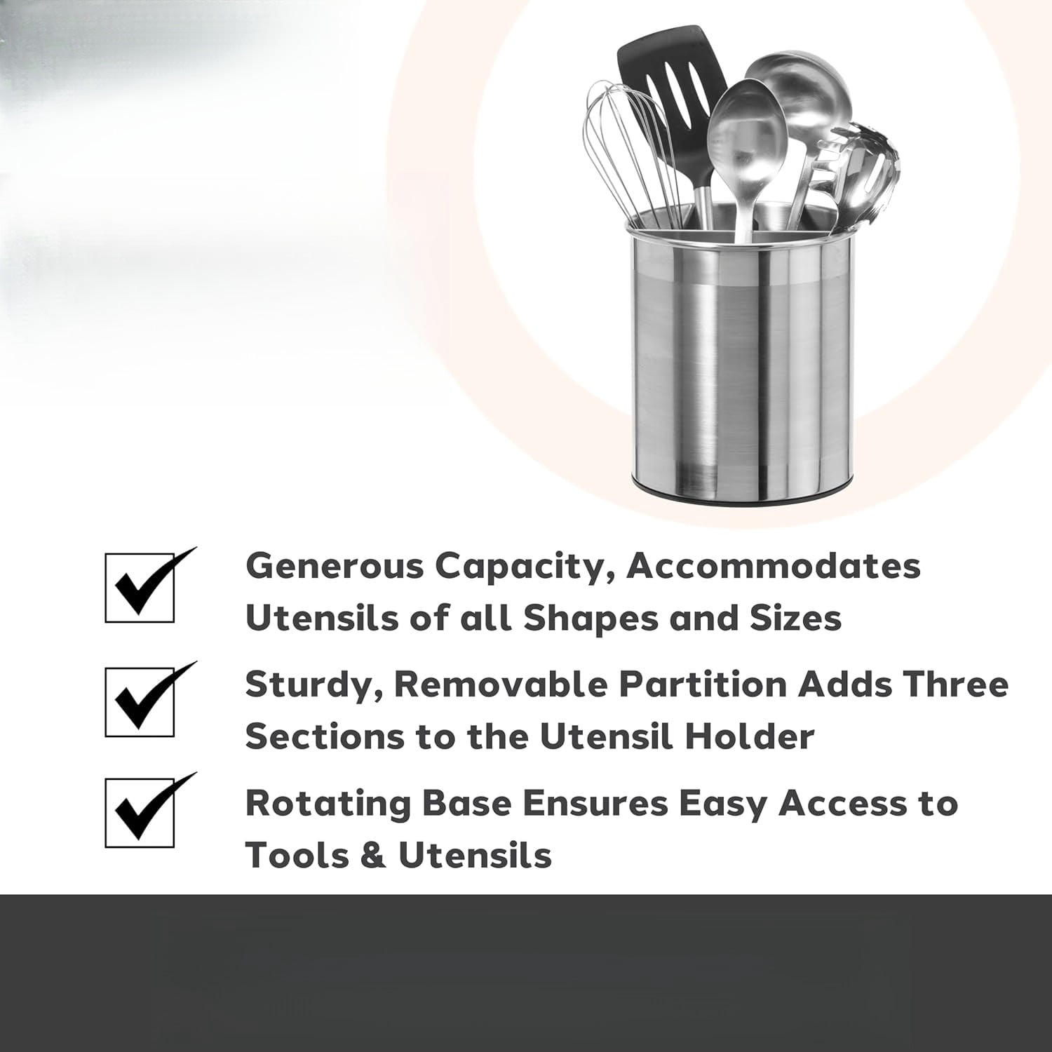 Jumbo Stainless Steel Rotating Utensil Holder with Removable Divider - Stylish kitchen cooking utensil organizer. Height 7.5".