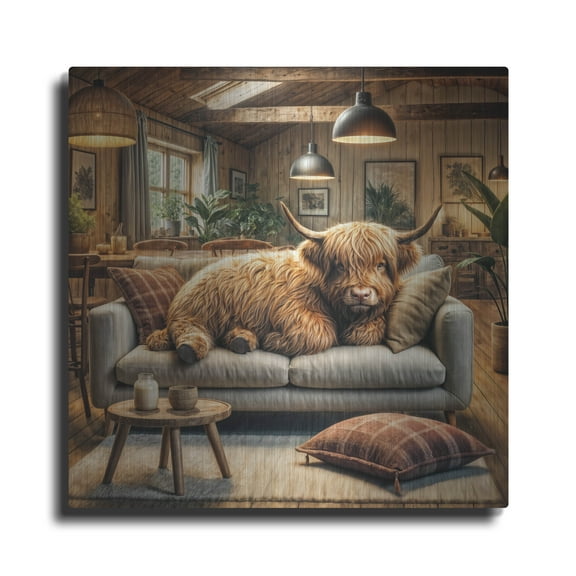 Luxe Metal Art 'Highland Cow -Chilling At Home' by Rey Klimt Metal Wall Art, 12" x 12"