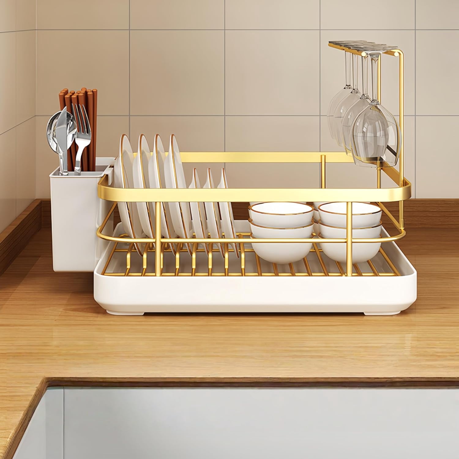 Kitchen Sink Dish Drying Rack: Drying Dish Rack, 2025 New Multifunctional Dish Rack with Drainer Tray, Chopstick Holder, and Wine Glass Rack, Dish Drainers for Kitchen Counter (Gold Upgraded)