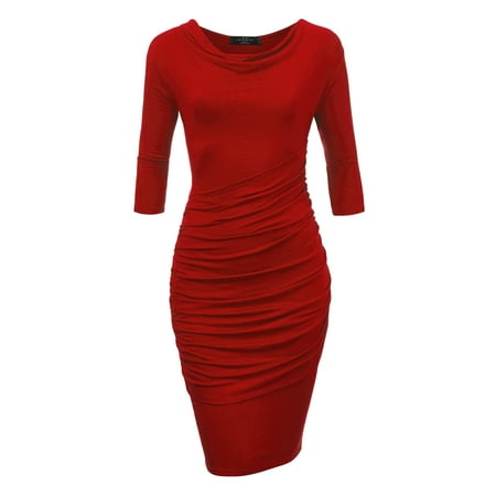 - MBJ WDR1185 Womens Cowl Neck 3/4 Sleeve Pleated Detail Dress M RED