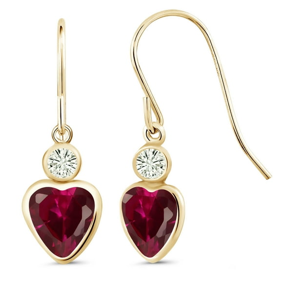 Gem Stone King 14K Yellow Gold Red Created Ruby and White Moissanite French Wire Dangle Hook Earrings for Women (2.12 Cttw, Gemstone July Birthstone, Heart 6MM, Round 3MM)