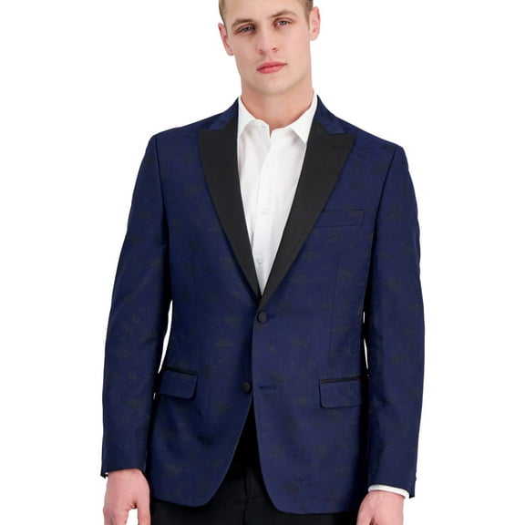 Alfani Mens Floral Slim Fit Two Button Blazer Jacket, Blue, 38 Short