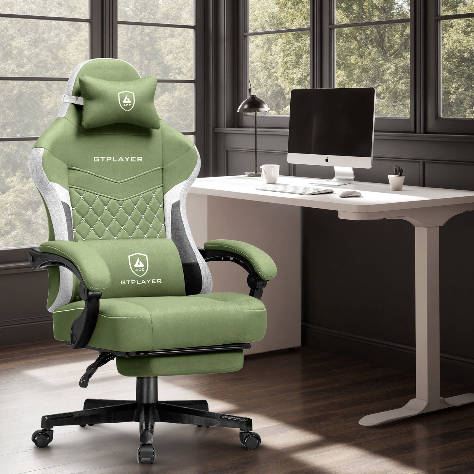 GTPLAYER Gaming Chair, Fabric Ergonomic Office Chair with Footrest and Lumbar Suppor for Adult, Green