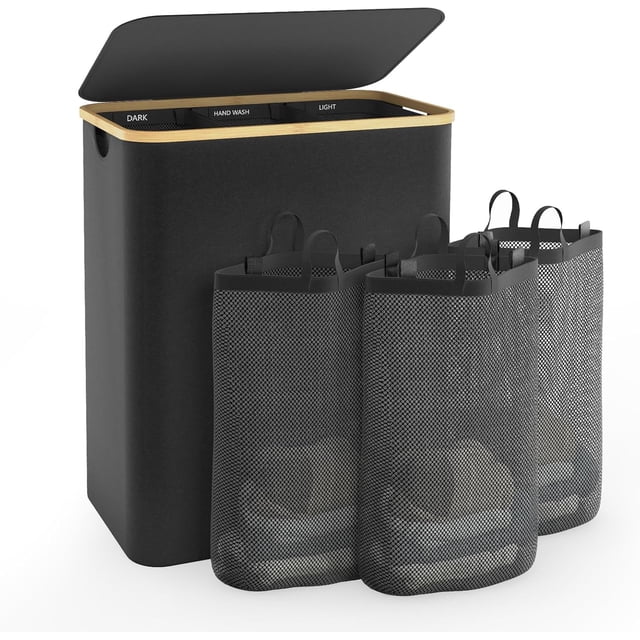 Cesto para ropa Bathola, 160 L, con tapa y 3 secciones, color negro