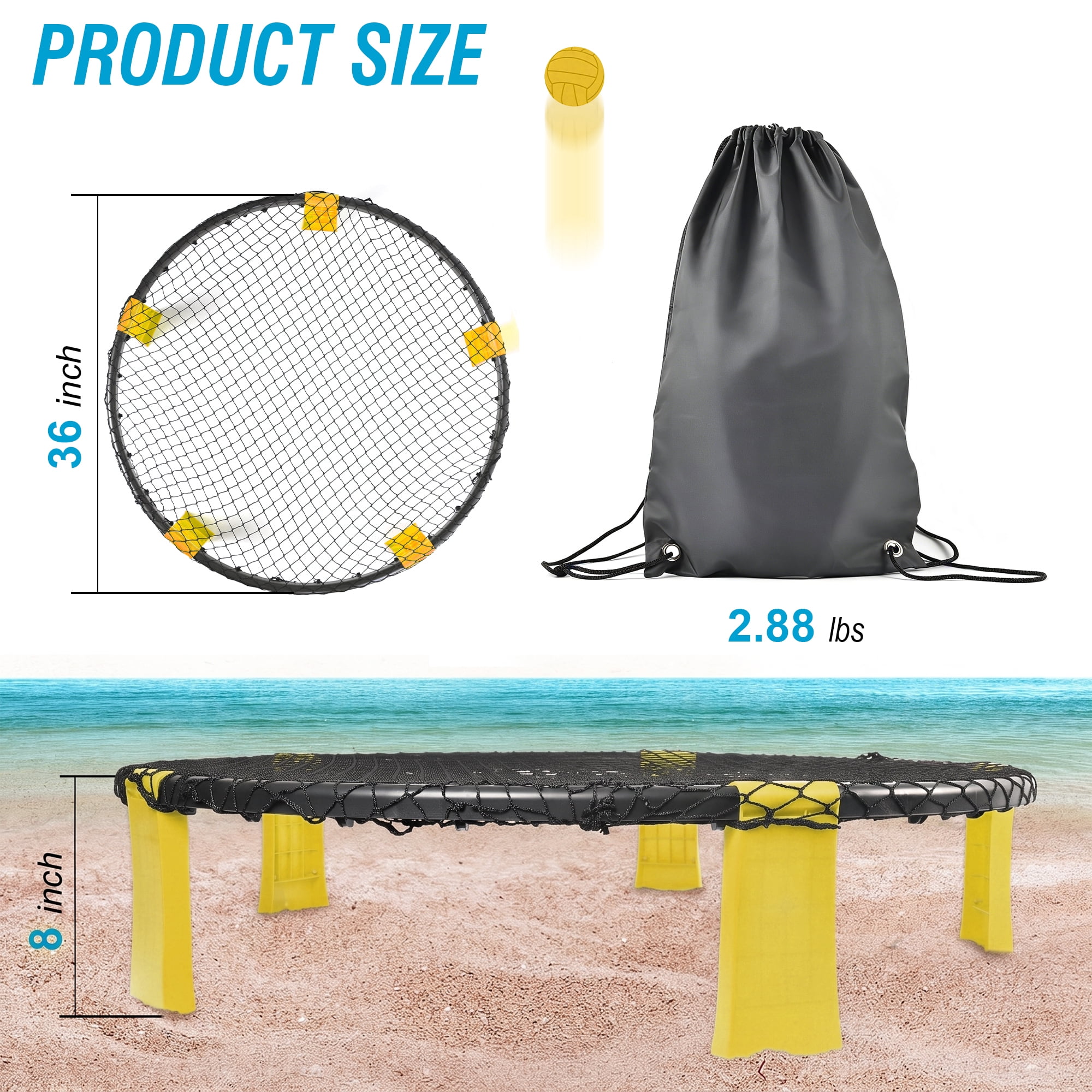 Leumius Roundnet Game Set with 2 Balls,Sturdy Playing Net & Carry Bag,Classic Family Entertainment Game for Beach,Backyard,Lawn,Park,Camping and Gathering,Yellow