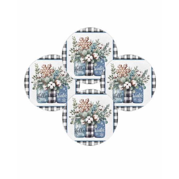 Christmas Round Placemats Set of 4 Eucalyptus Leaves Cotton Vase Place Mats Washable Woven Placemat Plaid Hello Winter Circle Braided Table Mat for Kitchen Dining Table Party Home Decor 15 Inch