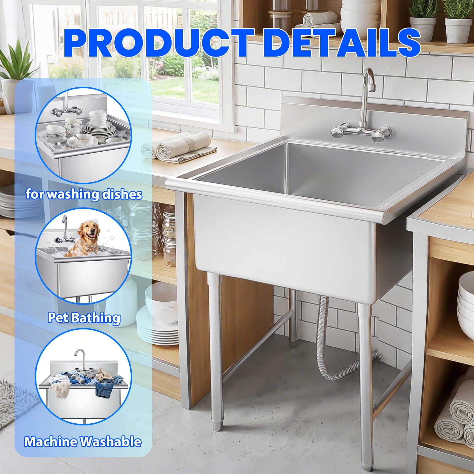 Muweixin 27" 304 Stainless Steel Freestanding Utility Sink with Backsplash, Deep Single Bowl Commercial Sink for Kitchen Restaurant Outdoor