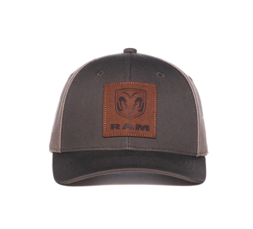 Hat - RAM TRUCKS Ball Cap Debossed Faux Leather Patch Applique Olive/Khaki