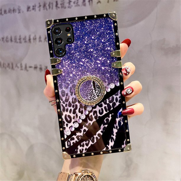 Funda de teléfono cuadrada con soporte de anillo de diamante con estampado de leopardo para Samsung Galaxy A54, A53, A52, A51, A71, A42, A32, A33, A72, A82, A04, A50, A70, A13 Fivean unisex