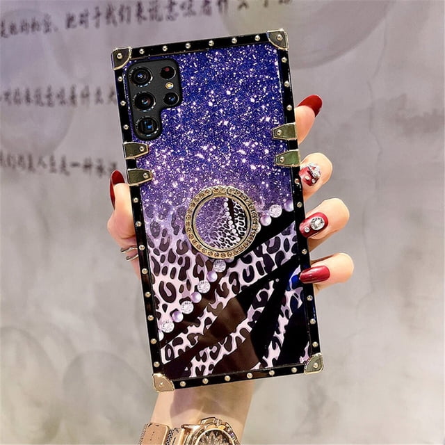 Funda de teléfono cuadrada con soporte de anillo de diamante con estampado de leopardo para Samsung Galaxy A54, A53, A52, A51, A71, A42, A32, A33, A72, A82, A04, A50, A70, A13 Fivean unisex