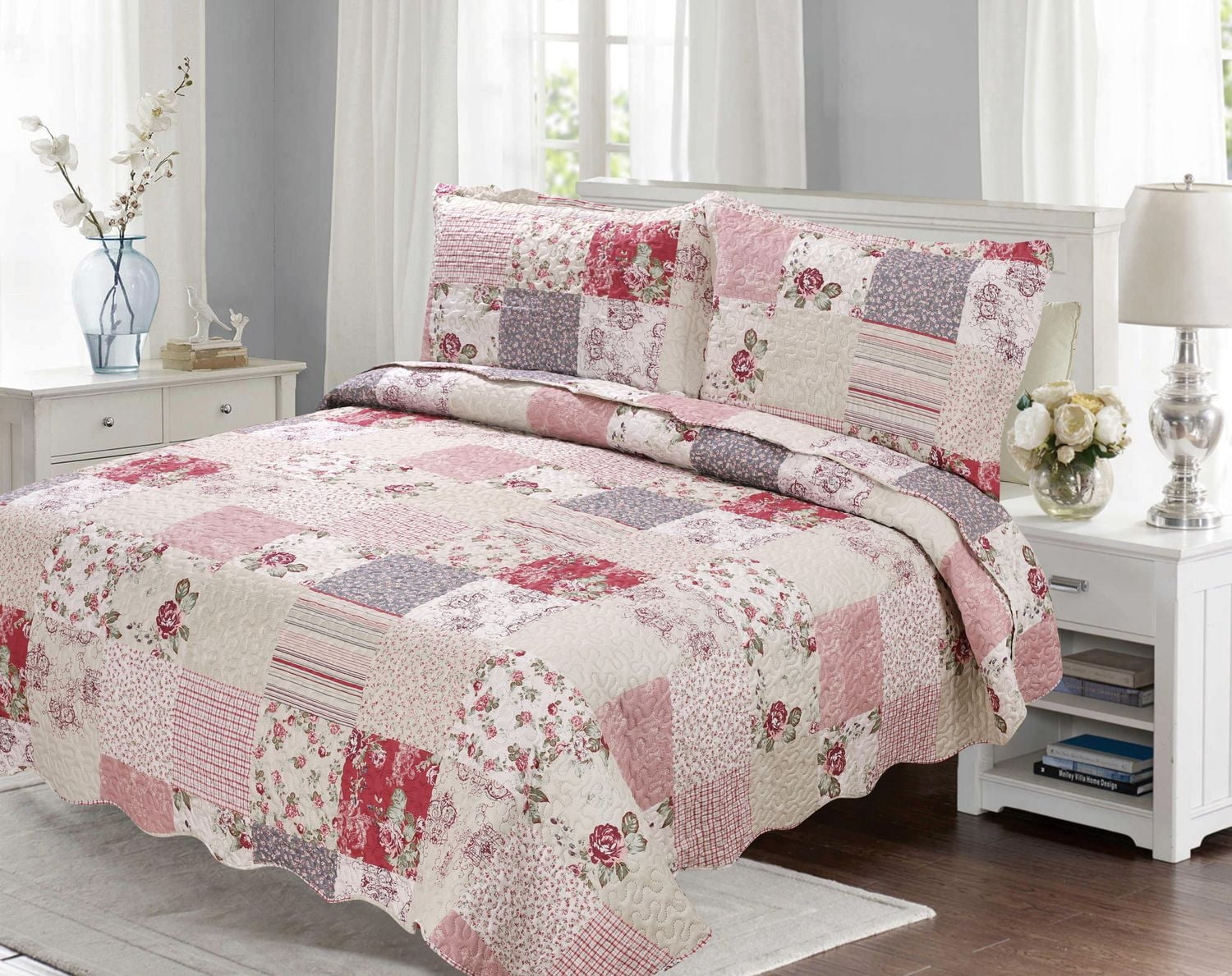 Marina Decoration Embossed Pinsonic Coverlet Bedspread Soft Bedding Summer Printed Quilt Set with Shams, Pink Purple Cream Floral Plaid Pattern