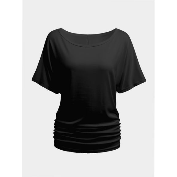 Womens Short Sleeve Boat Neck Side Shirring Dolman Drape Top