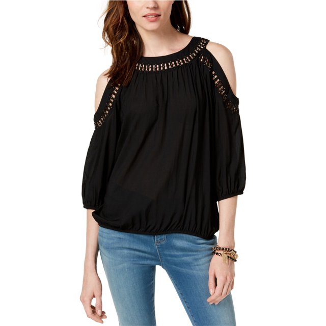 INC Blusa con hombros descubiertos y ribete de encaje para mujer, negra, pequeña I-N-C Hombro frío