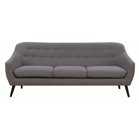 Barrel Couch For Sale Dawson Collection 505344 85 Sofa with Curved Barrel Shape Button Tufted Back Dark Brown Tapered Legs Attached Seat Cushions and Linen-Like Fabric Upholstery in Dark Grey Color