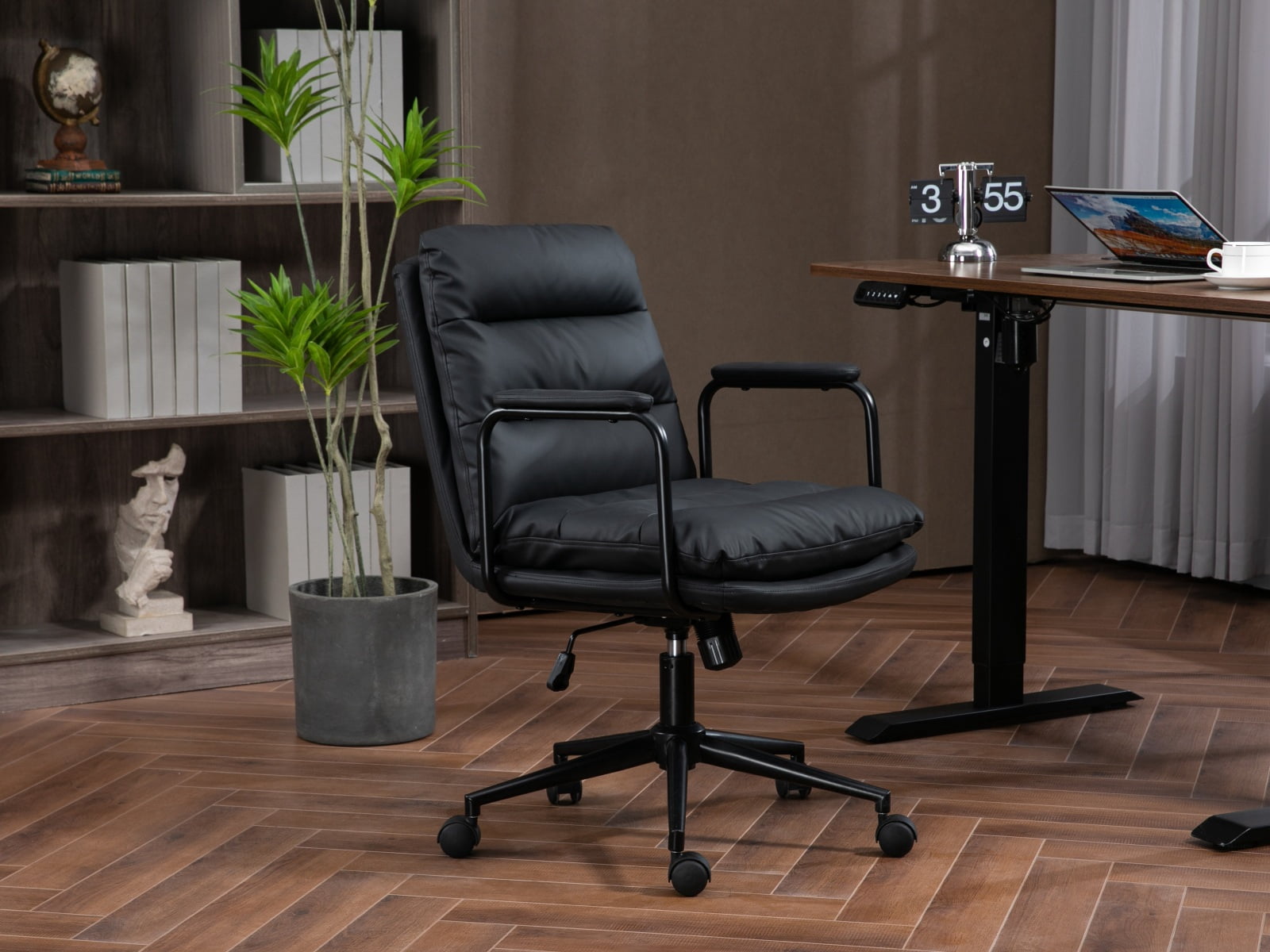 MAYEERTY Mid-Back Office Chair - PU Leather, Ergonomic, Padded Armrests, 40掳 Recline, Rolling Swivel, Black