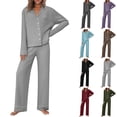 thumbnail image 1 of YOIAVAIOY Womens Pajama Sets 2 Piece Ribbed Knit Lounge Set Button Down Shirts and Wide Leg Pants Matching Sets Soft Knitted Pjs Sleepwear Set Gray S, 1 of 6