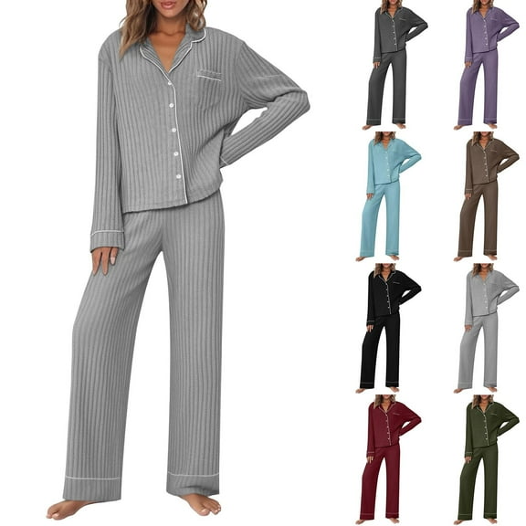 YOIAVAIOY Womens Pajama Sets 2 Piece Ribbed Knit Lounge Set Button Down Shirts and Wide Leg Pants Matching Sets Soft Knitted Pjs Sleepwear Set Red M