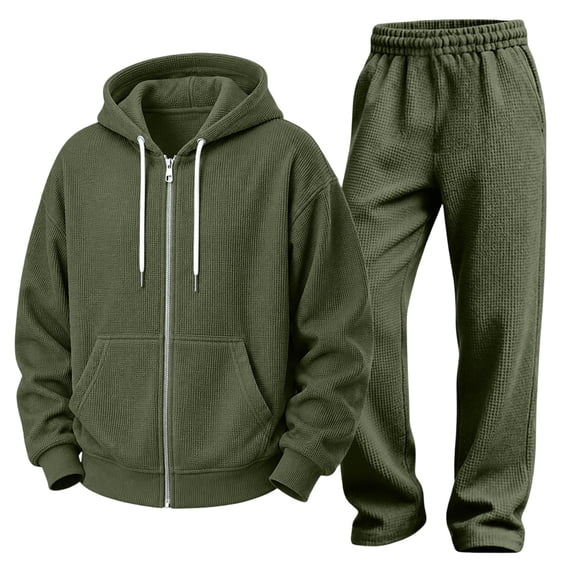 Jerdar Men's Solid Waffle Knit 2 Piece Tracksuit, Full Zip Drawstring Hoodie With Kangaroo Pockets & Elastic Waist Wide Leg Pants Casual Outfit Set, Cotton Polyester Blend