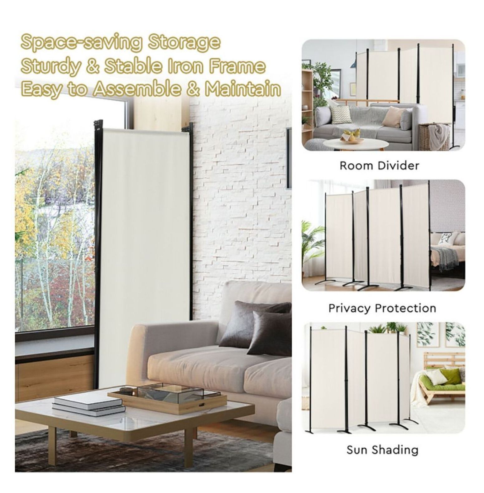 Yunken 4-Panel Folding Privacy Screen with Lockable Wheels, 5.6 Ft Tall Portable Room Divider for Home & Office