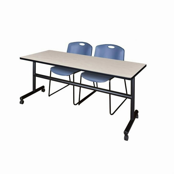 72" x 30" Flip Top Mobile Training Table- Maple and 2 Zeng Stack Chairs- Blue