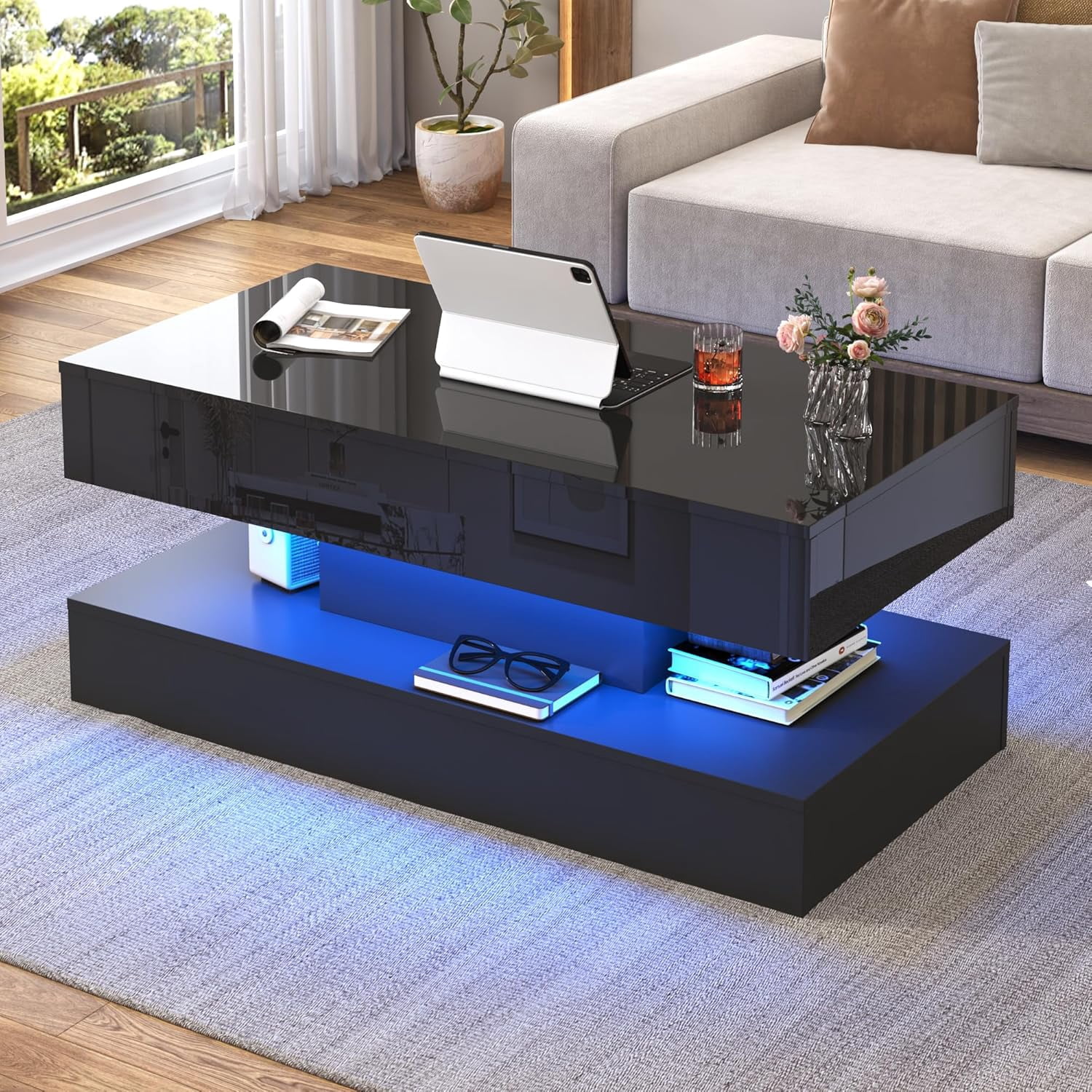 ChVans 39.4" Large Lift Top Coffee Table with Charging Station & LED Lights, Black High Glossy LED Coffee Table with Hidden Compartment Storage, Modern Living Room Tables