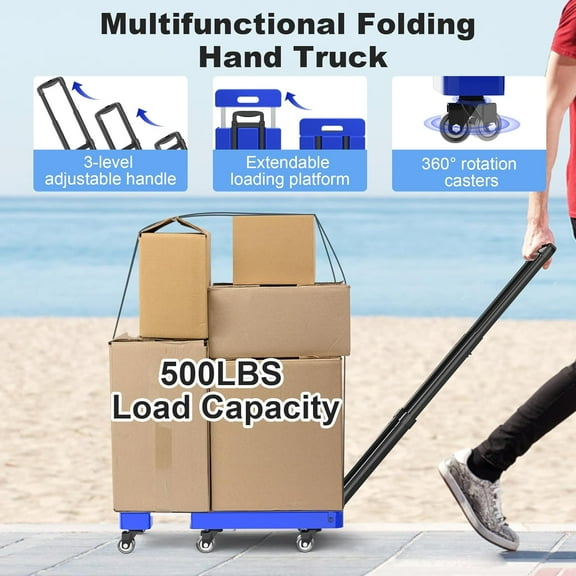 Folding Hand Truck, 500  Heavy Duty Foldable Dolly Cart with Wheels, Telescoping Handle & 2 Elastic Ropes, Portable Luggage Cart for Moving, Travel, Home, Blue
