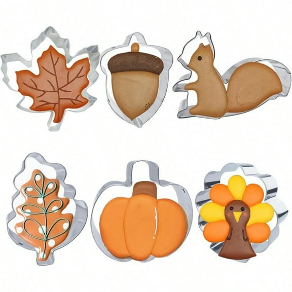 6 Pieces Thanksgiving Cookie Cutters Fall Themed Holiday Cookie Cutter Shapes of Pumpkin Maple Leaves Oak Leaves Turkey Squirrel and Acorn Cookie Cutters with Decorating Instructions