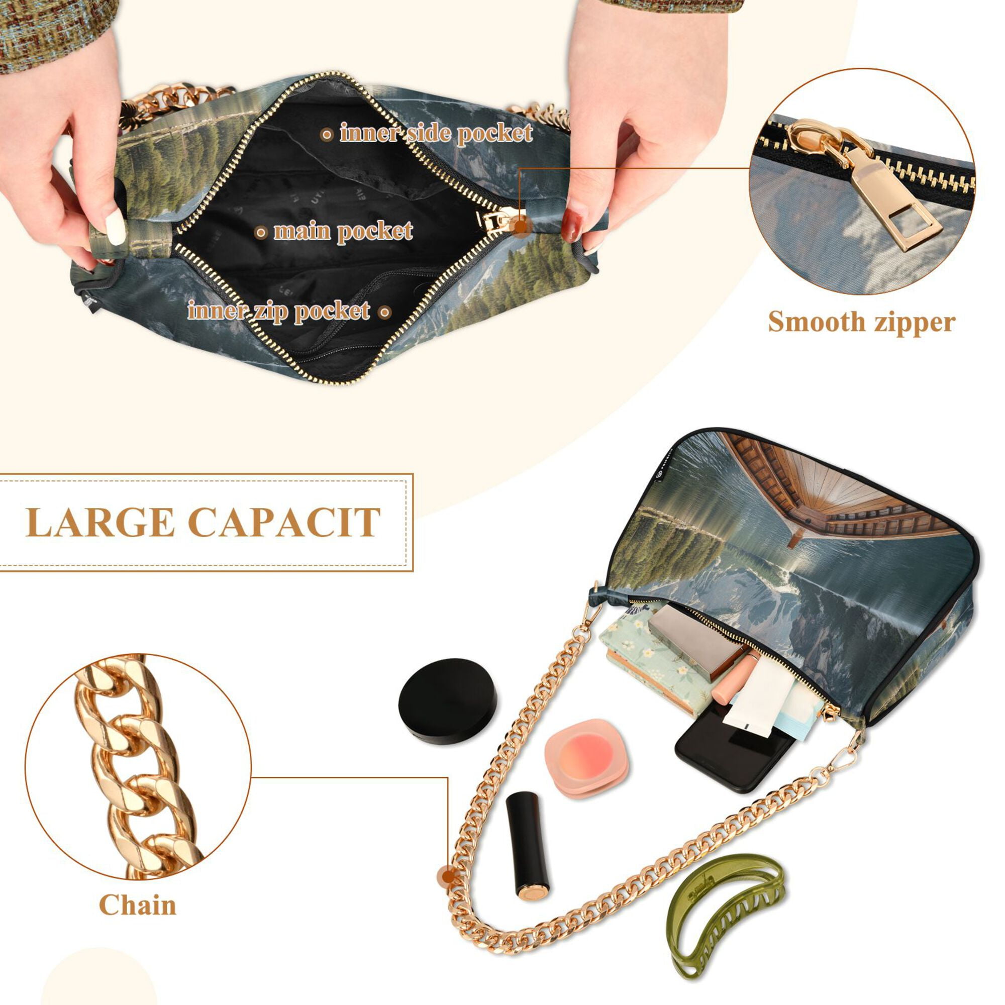 FORMRS Womens Shoulder Bag with Chain Strap Clutch Purse Cute Tote Handbag, Wooden Boat
