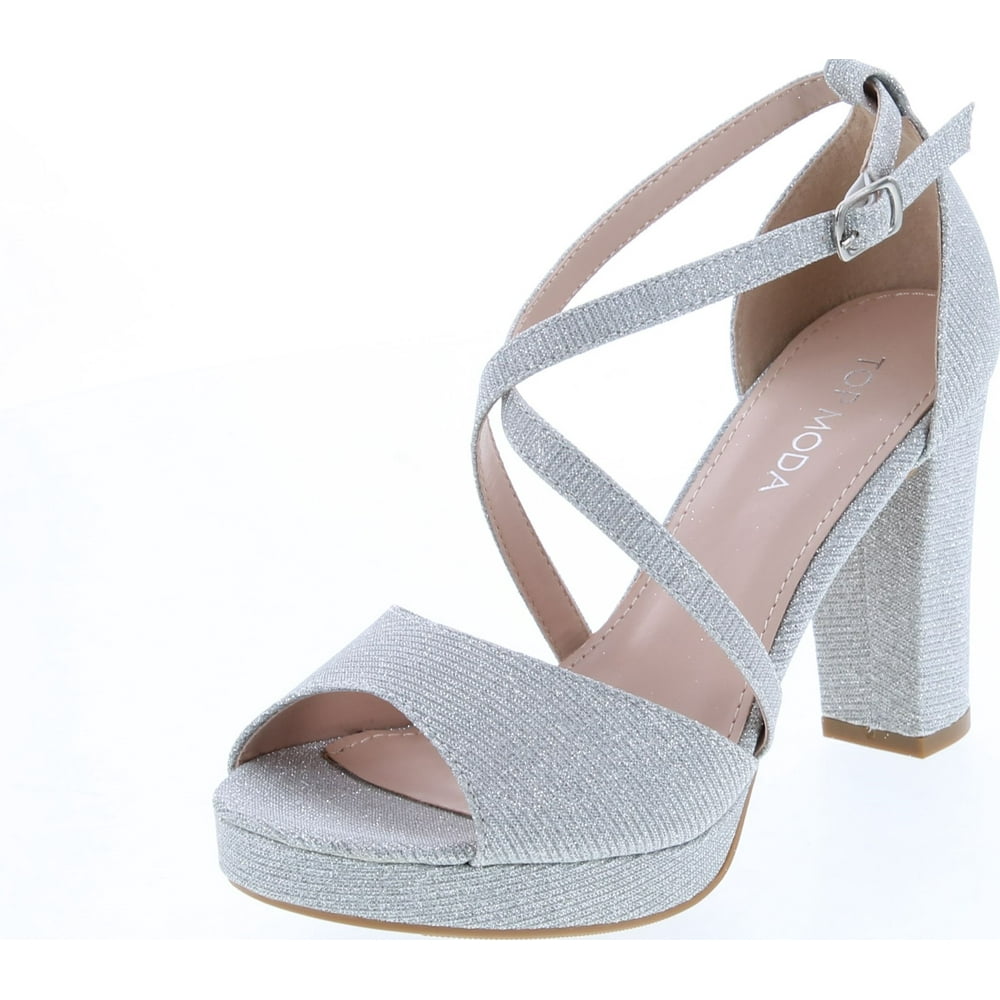Top Moda - Top Moda Dressy/Formal Sandals High Heel Ankle Strap Open Toe Sandals, Silver/Glitter