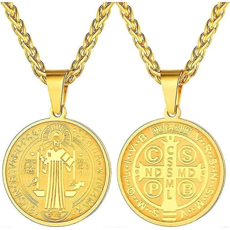 Necklace Saint Benedict Gold Pendant Patron Saints Jewelery Medal Religious Man Woman