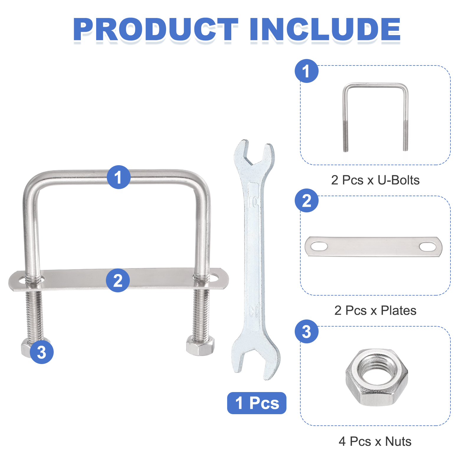 Uxcell 2 Sets M10 Square U-Bolts, 3.58" Inner Width 2.76" Length 304 Stainless Steel U Clamp Bolts with Nuts, Plates and Wrench
