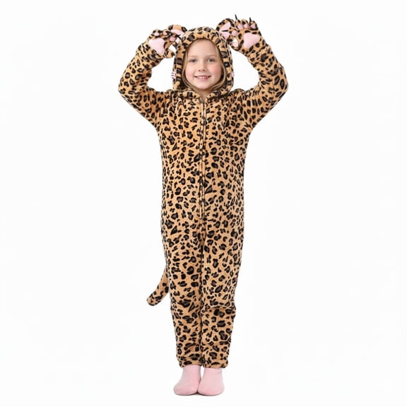 Tisuna Girls Boys Pajamas Romper Toddler Leopard Print Long Sleeve Hooded Jumpsuit Breathable Soft Kids Spring Autumn Sleepwear Coffee Size 18-24 Months