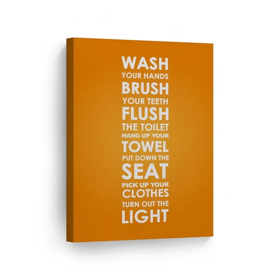 Smile Art Design WASH Typography Orange Bathroom Decor CANVAS PRINT Kids Funny Bathroom Sign Bathroom Wall Decor Wall Art Home Decoration Made in USA- 40x30