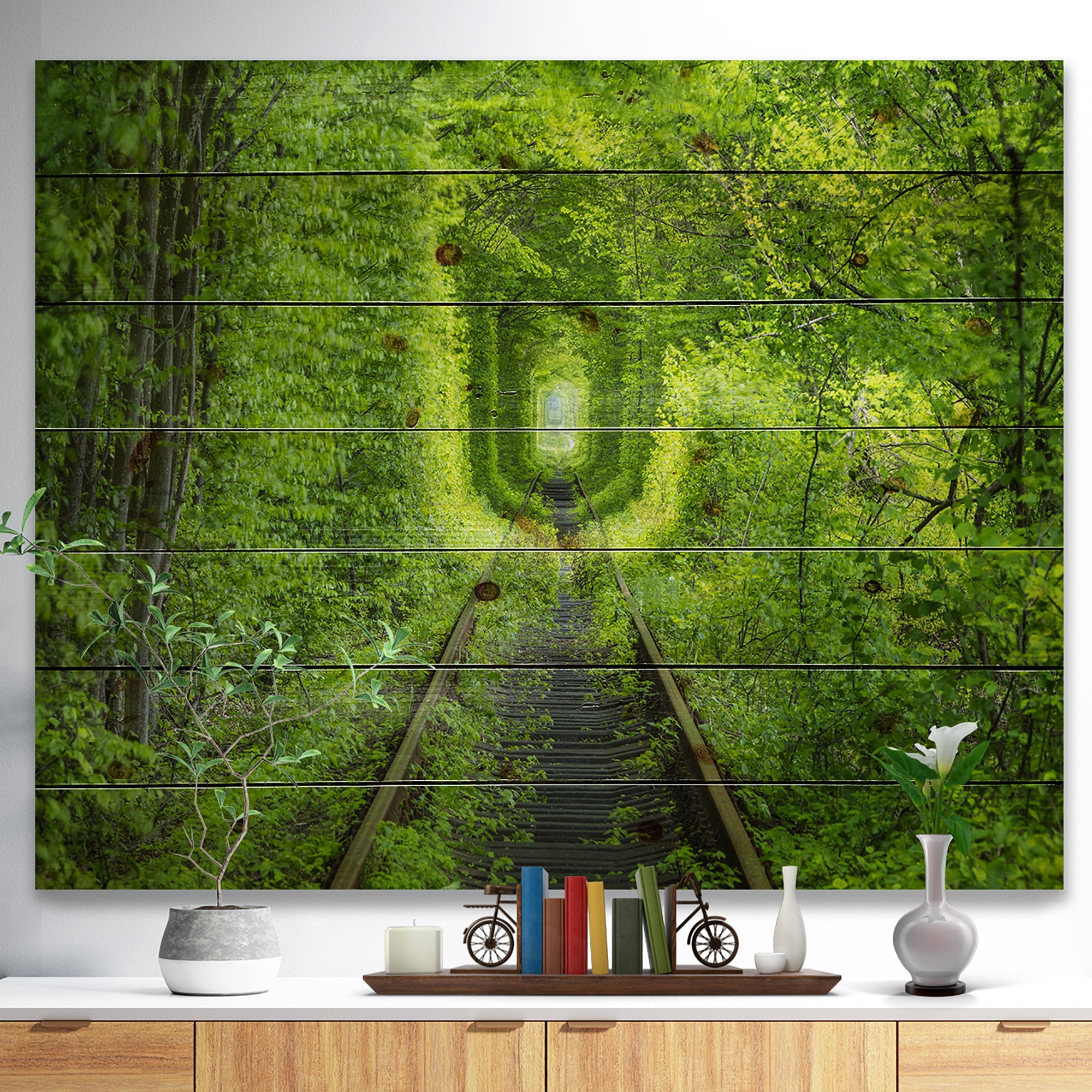Designart 'Lush Green Forest around Rail Way Tunnel ' Landscape Print on Natural Pine Wood