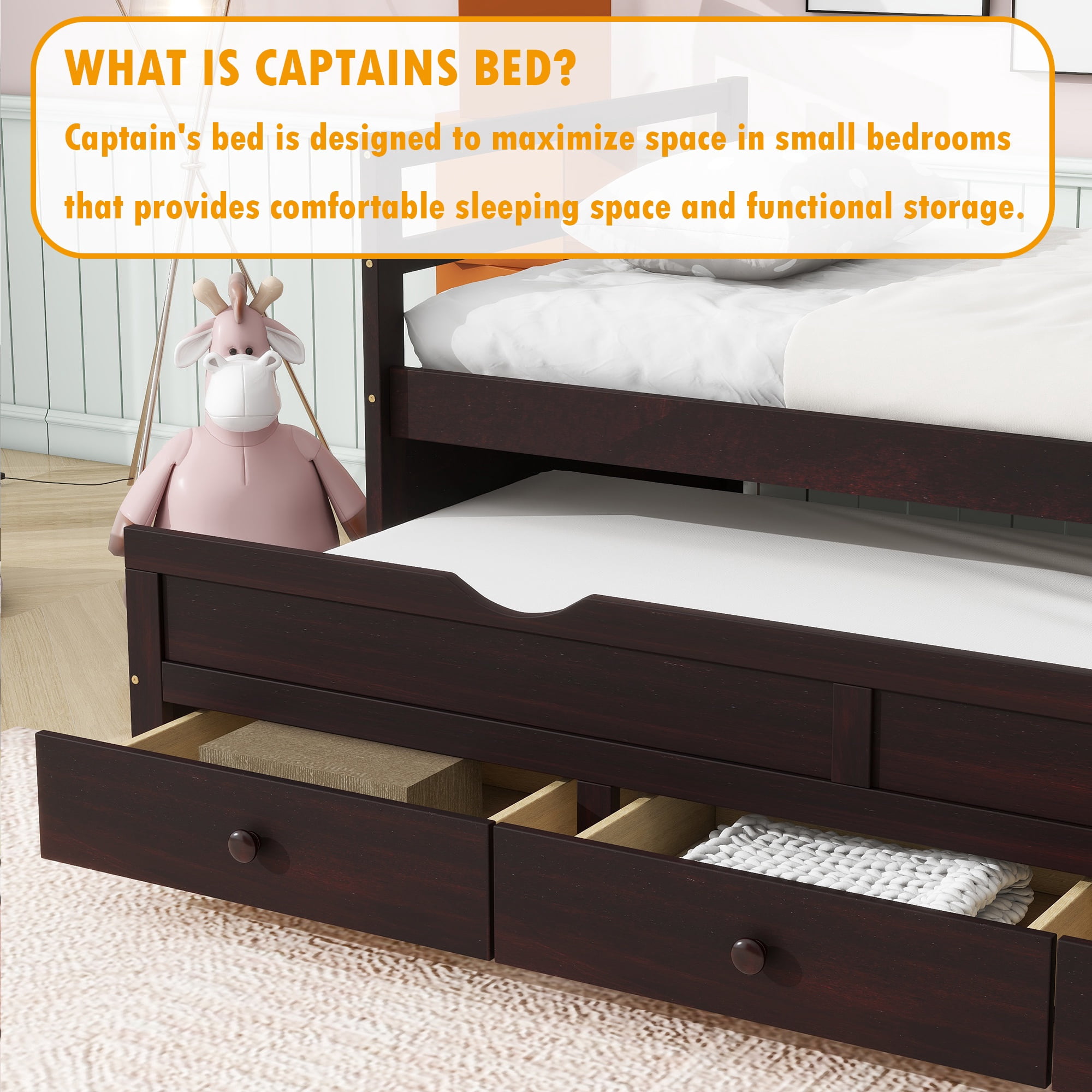 Bellemave House Twin Size Pine Wood and MDF Bed Frame with Trundle, Brown