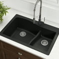 thumbnail image 2 of Kraus Quarza 33 Dual Mount 60/40 Double Bowl Granite Kitchen Sink and Strainers in Black, 2 of 14