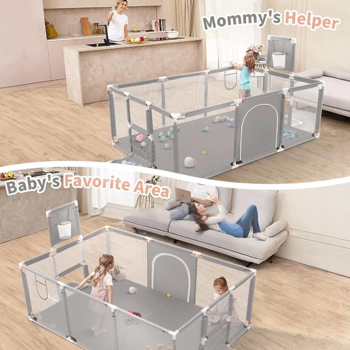 71" x 48" Extra Large Playpen for Babies Toddlers, Baby Playard with Basketball Hoop, No Gap Kids Fence Play Area Ball Pits, Infant Safety Play Yard with Door/Soccer Net